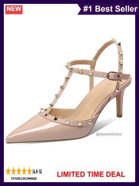 Studded Kitten Heel Slingback Sandals Pointed Toe Ankle Strap Women's Heels
